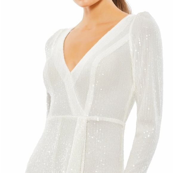 Mac Duggal Faux Wrap Long Sleeve Sequin Gown in White - Picture 2 of 11